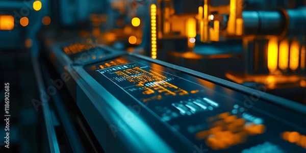 Fototapeta Industrial Automation with Advanced Control Panels in Orange Light, Close-Up of High-Tech Factory Conveyor System with Digital Displays  
