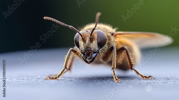 Fototapeta Macro CloseUp of Honeybee on Smooth Surface with Blurred Green Background : Generative AI