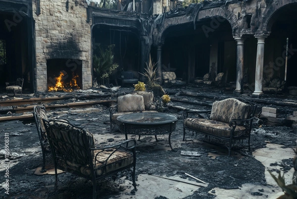 Fototapeta Remnants of a luxury patio showing extensive damage from fire in an upscale residential area
