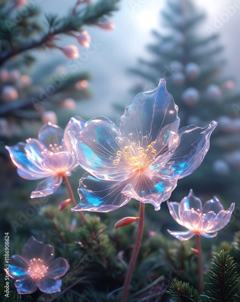 Fototapeta beautiful light spectrum spruce flowers, created by generative ai