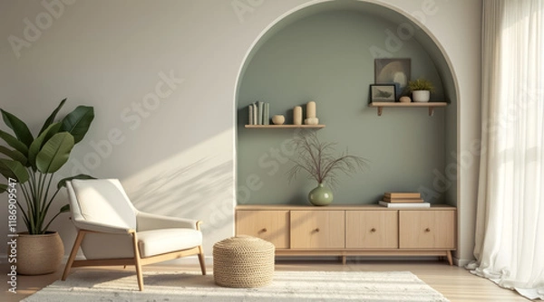 Fototapeta sunlit living room with a beige armchair wooden cabinet