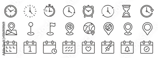 Fototapeta Time, date and location icon set in line style, Containing hourglass, pin, stopwatch, calendar, clock, gps point, flag point, globe point and more, vector illustration