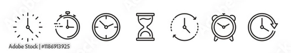 Fototapeta Timers and clock icon set. Time line symbol. Containing clock, stopwatch, hourglass and more Vector illustration
