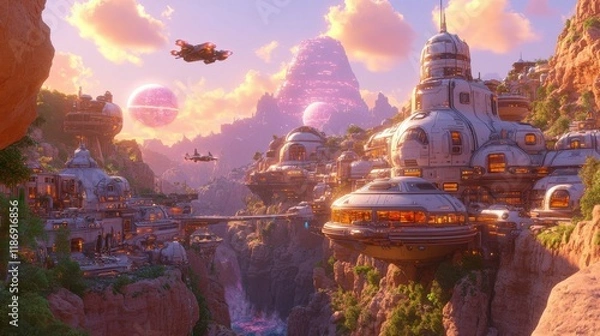 Fototapeta A vibrant science fiction design with futuristic buildings, flying vehicles, and glowing energy fields, ideal for sci-fi films, games, or creative projects.