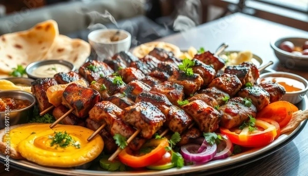 Fototapeta Grilled Meat Skewers with Sauces and Flatbreads