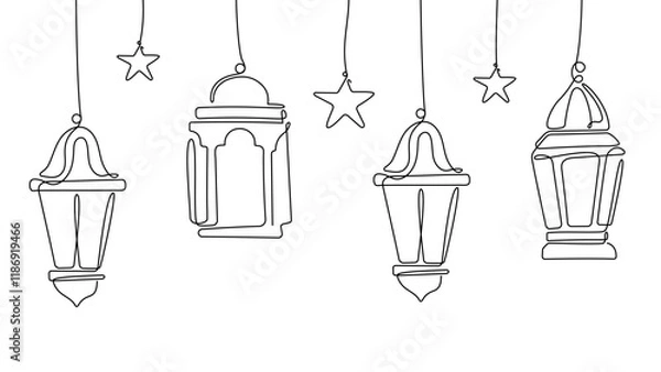 Fototapeta Ramadan lantern continuous line isolated on white background. Editable stroke arabic lantern line art illustration.