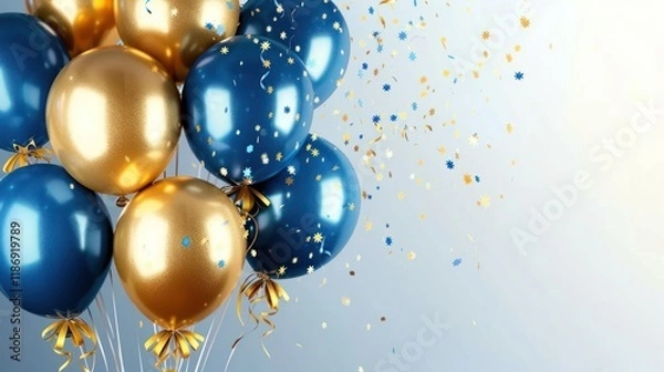 Fototapeta Golden and Blue Metallic Balloons Holiday Background with Confetti and Ribbons - Perfect for Celebrations, Birthdays, Anniversaries, New Year, Christmas, and Other Festive Events!