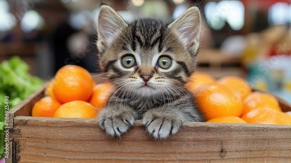 Fototapeta Adorable Tabby Kitten Peeking Over a Wooden Crate Filled with Fresh Tangerines in a Brightly Lit Market Setting