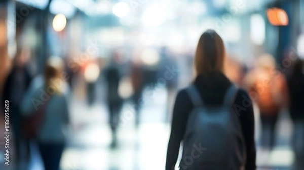 Fototapeta Anonymous Woman in Busy City Street Surrounded by Pedestrians and Bright City Lights : Generative AI