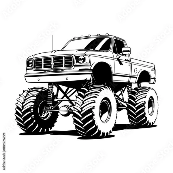 Obraz Monster truck with large wheels and elevated suspension, showcasing its rugged design and powerful presence. Monster Truck Vector Graphics Vector. Wheels Bigger Dreams Art Off Road in Illustration