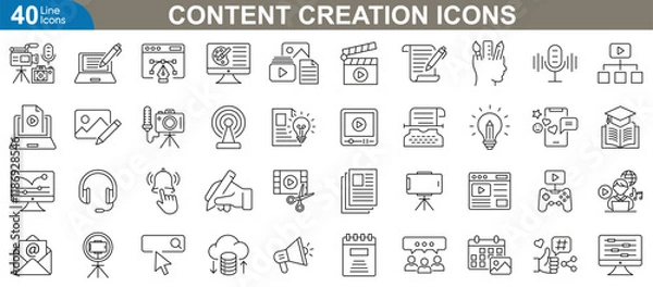 Fototapeta Content creation line icons set. Related social media, video editing, photography, graphic design, writing, podcasting and more. vector illustration pack for creative professionals.