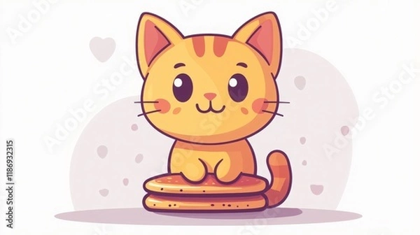 Fototapeta Cute cartoon cat character sitting on a colorful macaron with a cheerful expression and playful design, perfect for children's illustrations and playful themes.