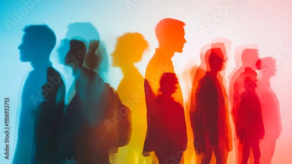 Obraz Silhouettes of People in Vibrant Multicolored Light Overlay Effect: Creative Abstract Stock Image for Diversity, Teamwork, and Modern Art Concepts