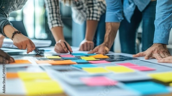 Fototapeta Coworkers are collaborating on a project, using colorful sticky notes to organize their ideas and plan their next steps during a productive brainstorming session
