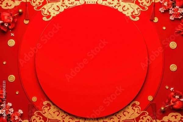 Fototapeta Vibrant Red Floral Background with Decorative Elements for New Year Celebration, Perfect for Greeting Cards and Festive Promotions