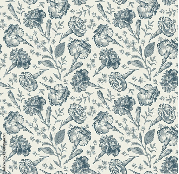 Obraz Seamless pattern. Beautiful pink blooming realistic isolated flowers. Vintage background. Set Carnation Roses wildflowers. Wallpaper. Drawing engraving. Vector victorian Illustration