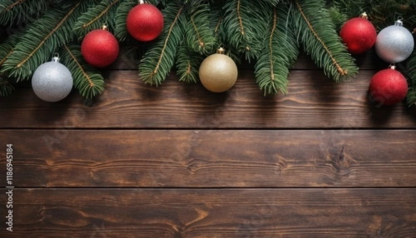 Fototapeta Christmas New Year decoration composition. Top view of fur-tree branches and balls frame on wooden background
