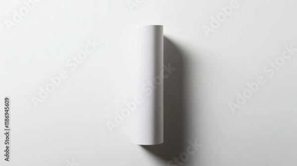 Fototapeta Minimalist white background with geometric shadows and a blank cylinder in the center, perfect for product packaging ads.