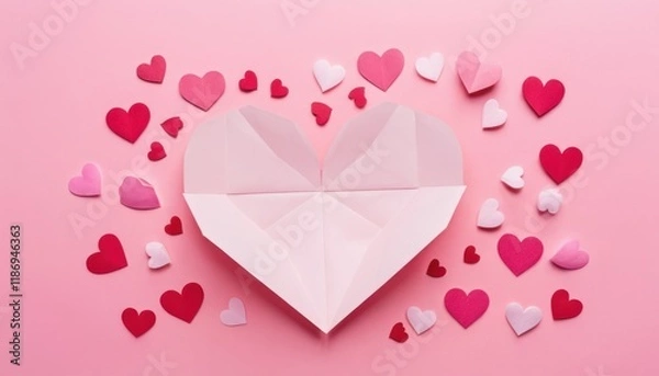 Fototapeta Composition for Valentine's Day February 14th. Delicate pink background and pink hearts cut out of paper. Greeting card. Flat lay, top view, copy space