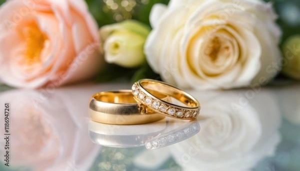 Fototapeta Gold wedding rings, and flowers in bokeh background