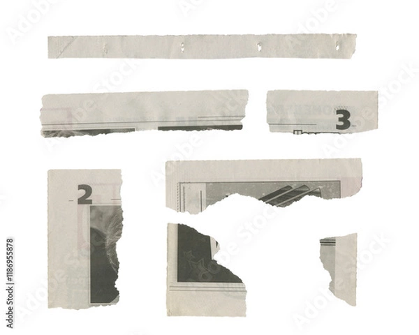 Fototapeta Set of torn pieces of newspaper isolated on transparent background.