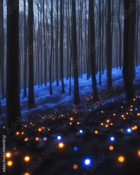 Fototapeta Enchanting blue and orange glowing lights illuminate a dark forest floor.
