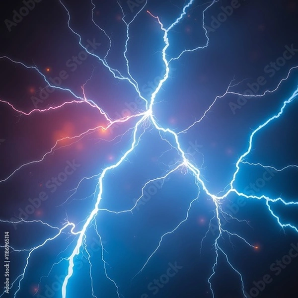 Fototapeta Abstract blue lightning strike on dark background.