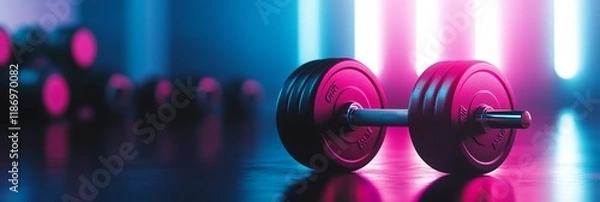 Fototapeta Black barbell with weights lying on gym floor reflecting neon pink and blue lights with other weights blurred in background