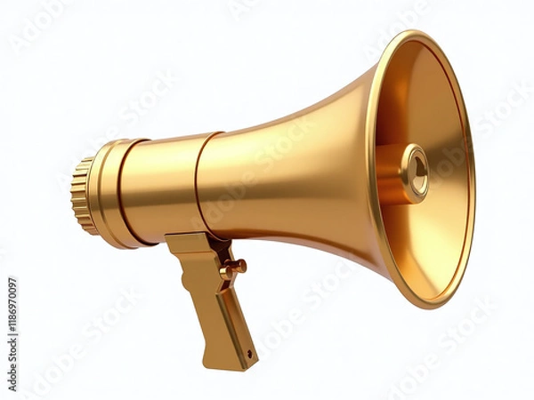 Fototapeta A Golden Megaphone Is Isolated On A White Background With A Png Transparent Overlay For Easy Design Use. 00002