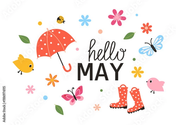 Fototapeta Hello May lettering phrase. Spring slogan with cute design elements. Vector illustration for card, scrapbooking, sale, background.