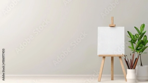 Fototapeta Minimalist Creative Space with Blank Canvas and Green Plant