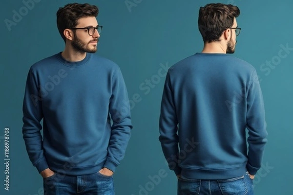 Obraz A man wears a plain blue pullover, front and back, for a pullover design mock up