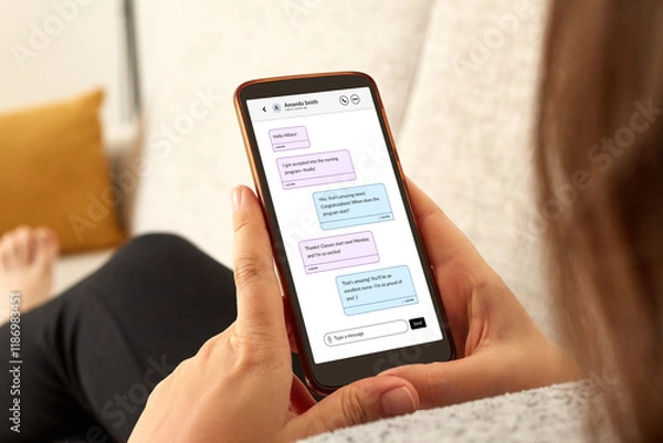 Fototapeta Close-up photo of a girl seen from behind, sitting on her home sofa and using an instant messaging app on her smartphone, symbolizing online chatting.