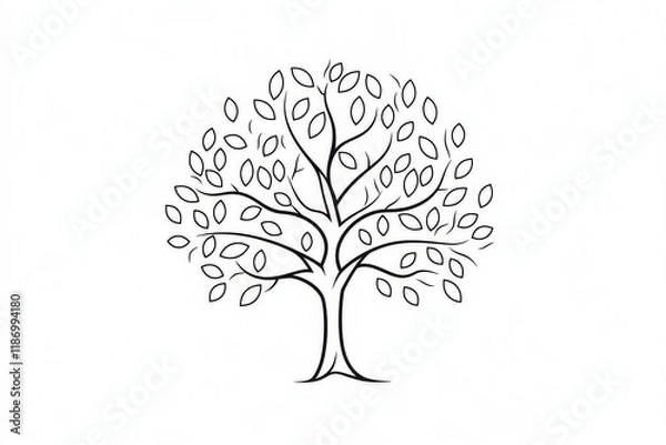 Fototapeta Minimalist Line Art of Tree with Leaves on White Background. Simple, Flat Style Illustration.