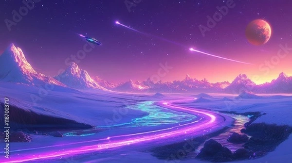 Fototapeta Surreal Neon Landscape with Cosmic Elements and Mystical Mountains