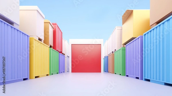 Obraz A vibrant scene of colorful shipping containers aligned in a row, leading to a prominent red door under a clear blue sky.