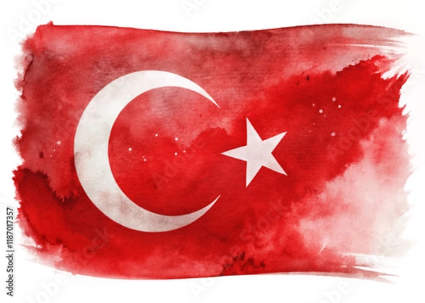Fototapeta Turkish flag design, watercolor style, vibrant red background, crescent moon and star, artistic representation.