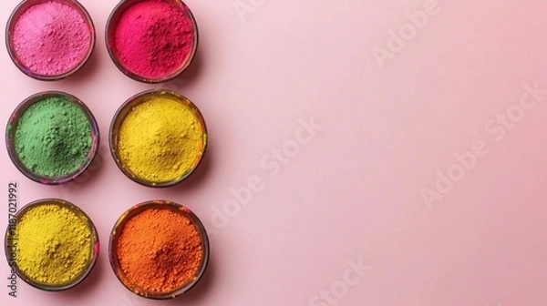 Fototapeta flat lay of bowls filled with bright holi powders arranged in circular pattern on smooth pastel pink background