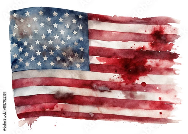 Fototapeta Watercolor American flag, vibrant colors, patriotic design, artistic representation, textured background, abstract style.