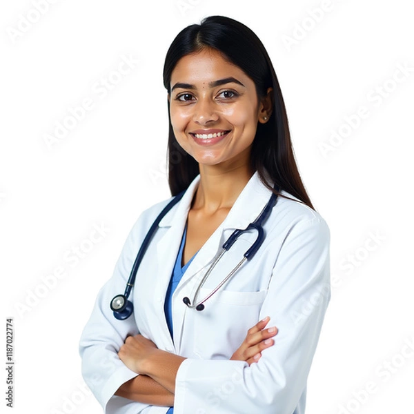 Obraz Indian female doctor close-up portrait smiling confidently, friendly healthcare professional on transparent background, medical worker headshot with stethoscope, isolated physician image for design