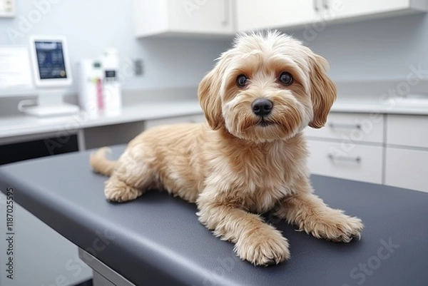 Fototapeta A cute dog lies comfortably on the examination table in the animal hospital interior, waiting for treatment in a warm environment focused on veterinary medicine.