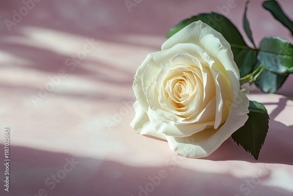 Fototapeta single rose laying delicately on pastel pink surface with soft shadows