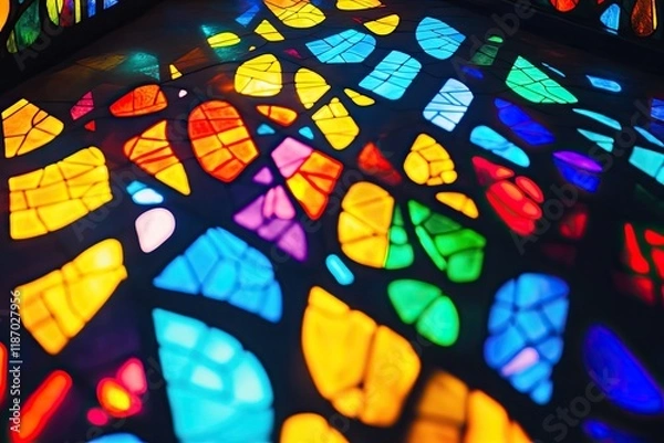 Fototapeta vibrant shot of stained glass in bold intricate patterns illuminated by sunlight casting colorful reflections
