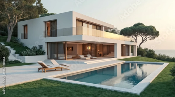 Fototapeta modern white hillside house with ocean view pool