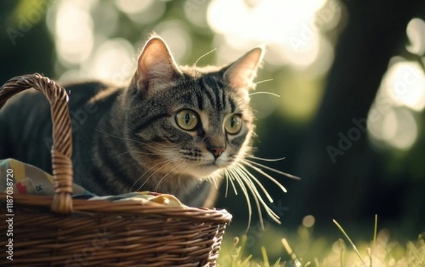 Obraz A curious-looking cat sits in a basket in a sunny park.
