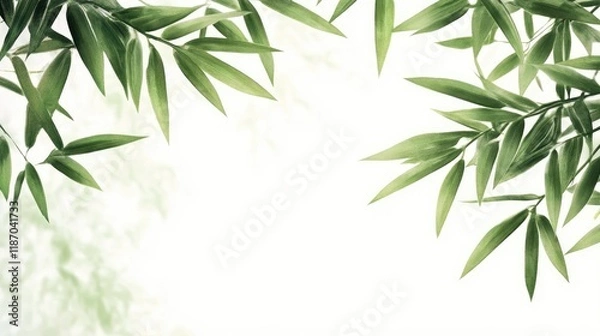 Fototapeta Bamboo leaf border framing a soft green background for nature inspired design and decoration.