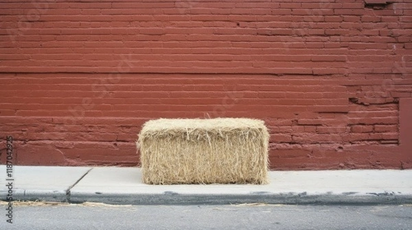 Fototapeta Bale of hay placed on curbside against rustic red brick wall in urban environment showcasing rural elements in city settings