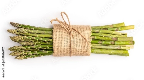 Obraz Freshly Harvested Asparagus Bunch Tied with Jute Fabric on Clean White Background