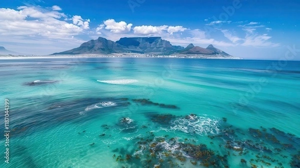 Fototapeta Scenic view of Table Mountain and turquoise waters, showcasing natural beauty and tranquility.