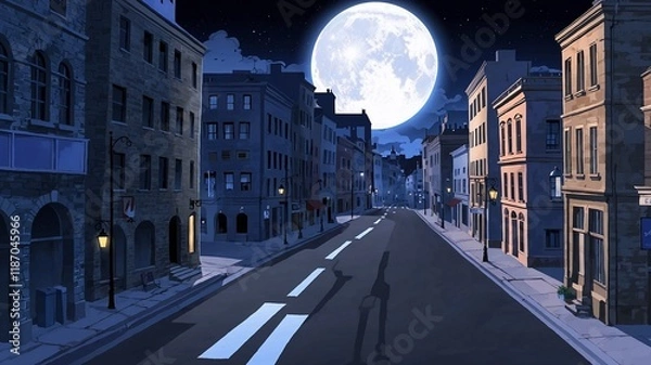 Fototapeta A city under a full moon, casting long shadows across the streets.
